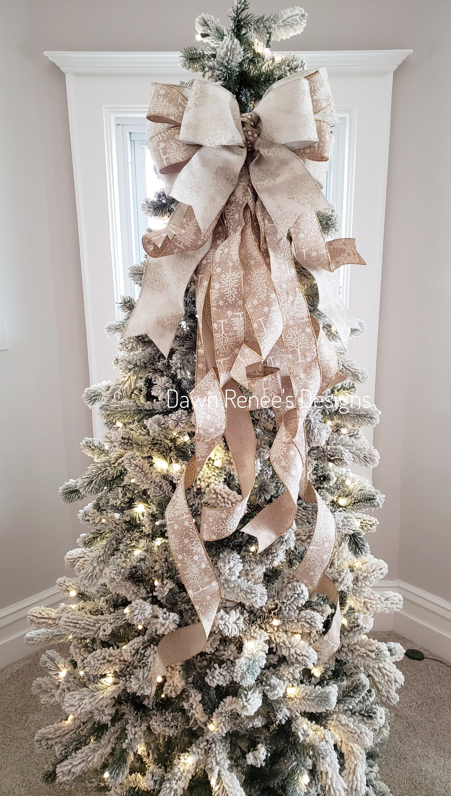 Ivory Gold Christmas Tree Bow, Tree Topper Bow with Long Streamers