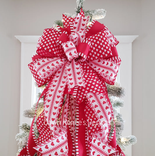 Red and White Heart Valentine's Tree Bow with Long Streamers