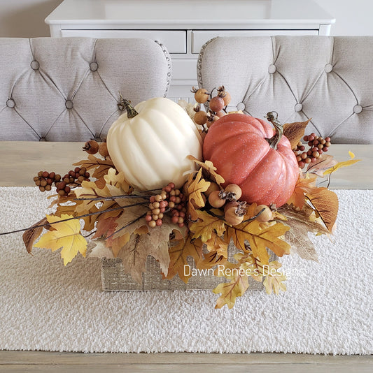 Pumpkin Centerpiece with Fall Leaves and Berries