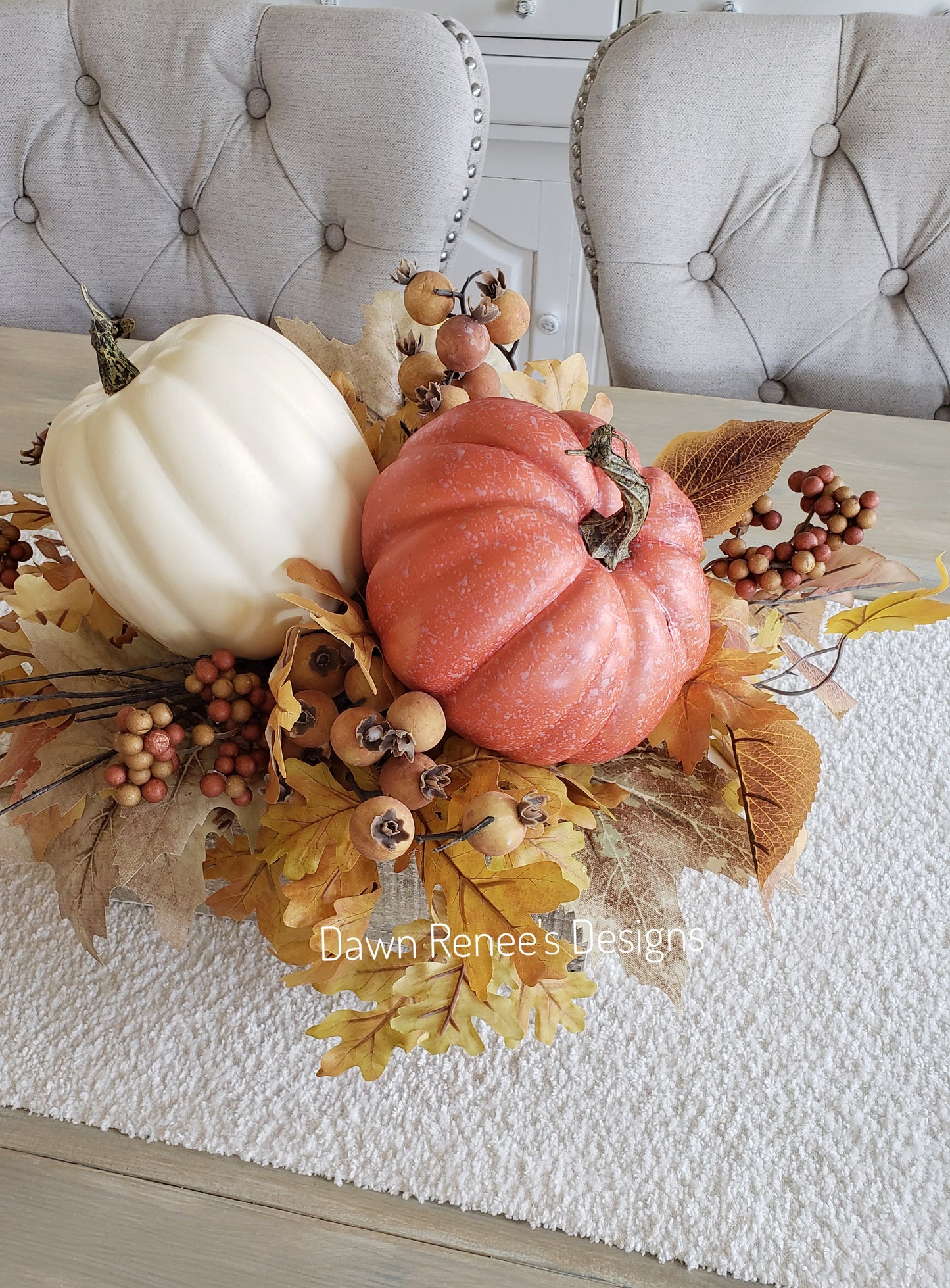 Pumpkin Centerpiece with Fall Leaves and Berries