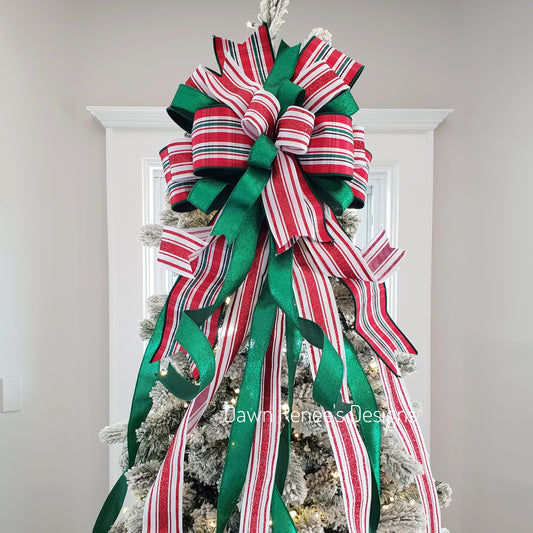 Red White Green Plaid Christmas Tree Topper Bow with Long Streamers