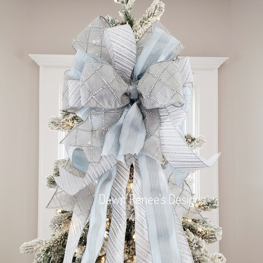 Silver Ice Blue White Christmas Tree Topper Bow