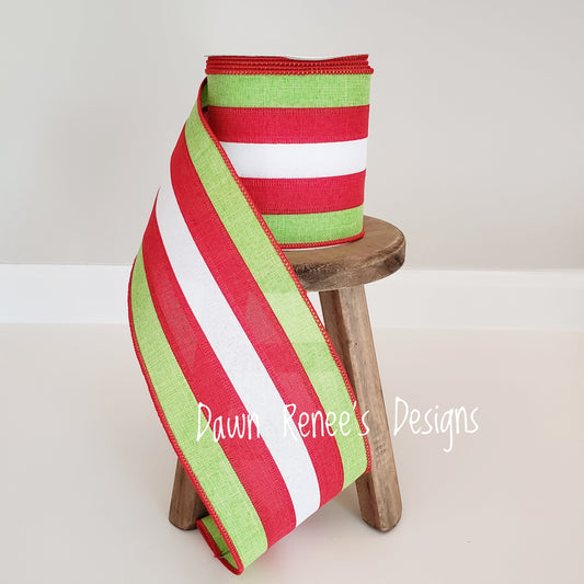 Red White Green Stripe Christmas Ribbon, 4" Wired Edge RG017623W