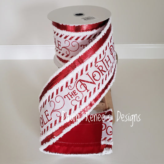 North Pole Ribbon, Red and White 4" Wired Edge Christmas Ribbon, RG08985